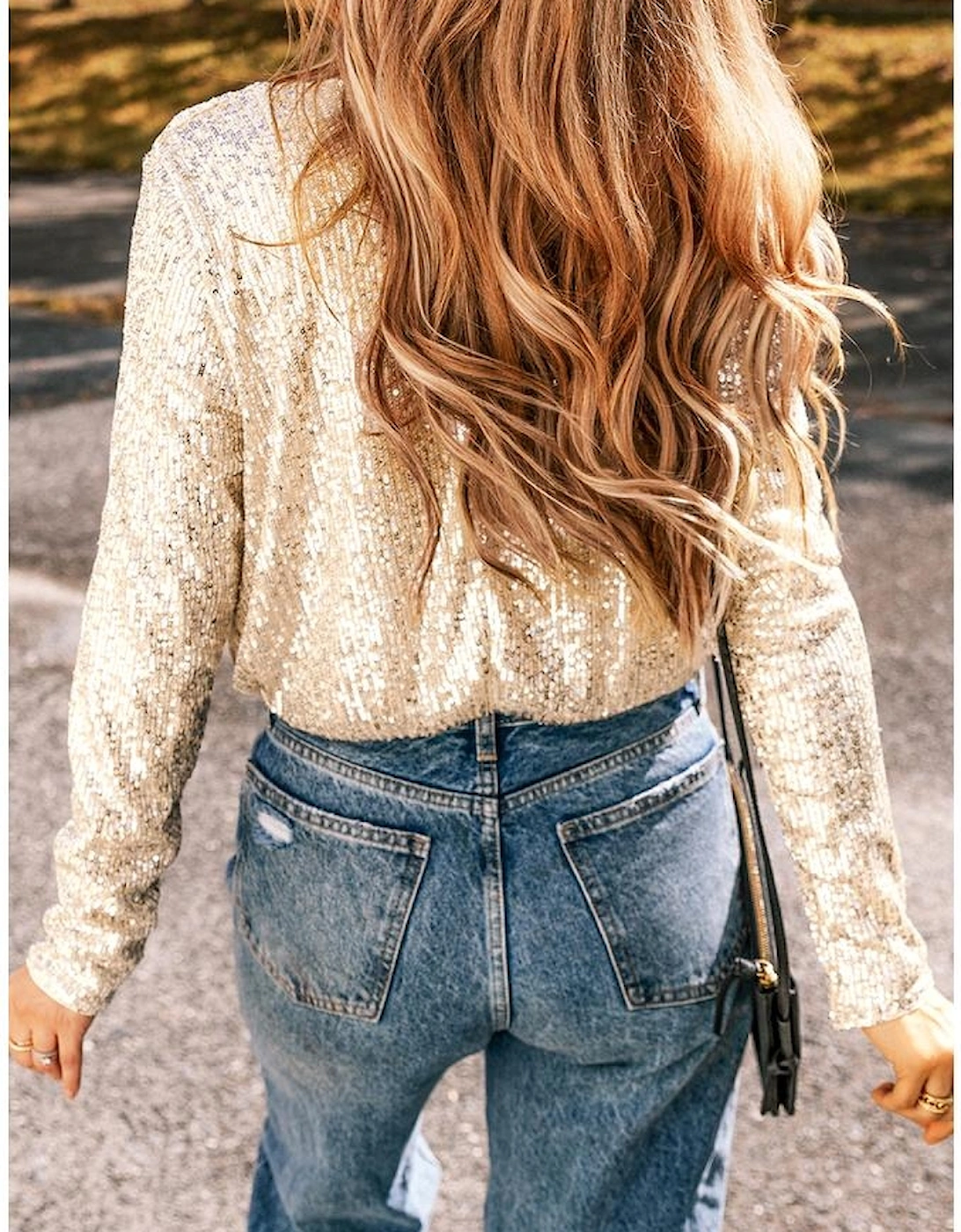 Beige Sequin Long Sleeve Wrap V Neck Bodysuit