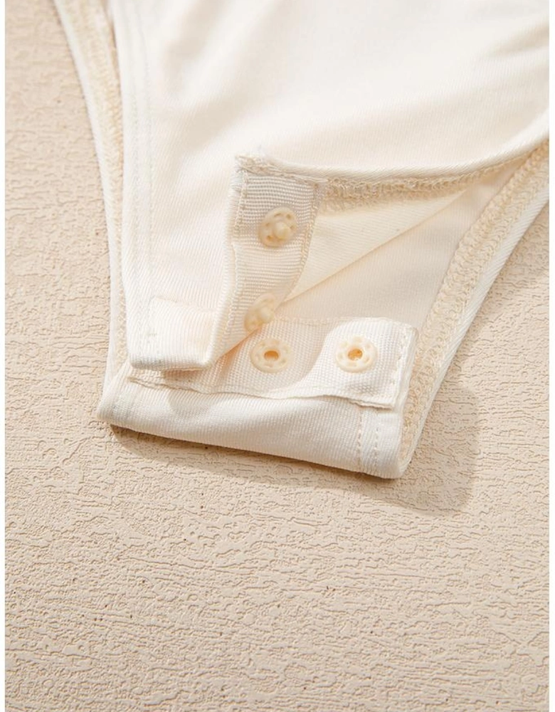 Beige Sequin Long Sleeve Wrap V Neck Bodysuit