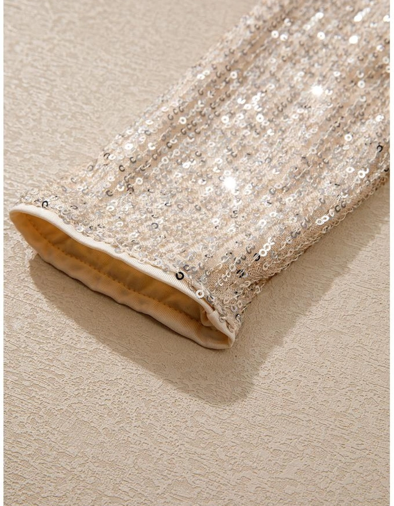 Beige Sequin Long Sleeve Wrap V Neck Bodysuit