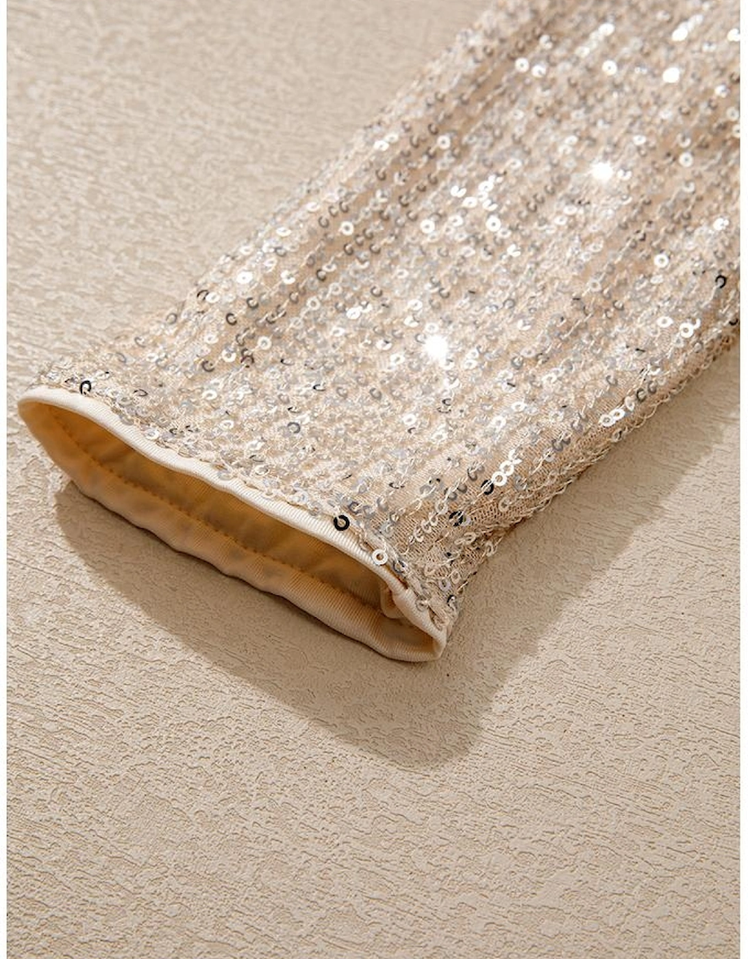 Beige Sequin Long Sleeve Wrap V Neck Bodysuit