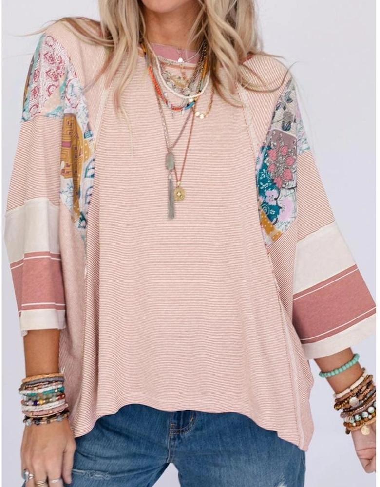 Pink Printed Pinstriped Color Block Patchwork Oversized Top