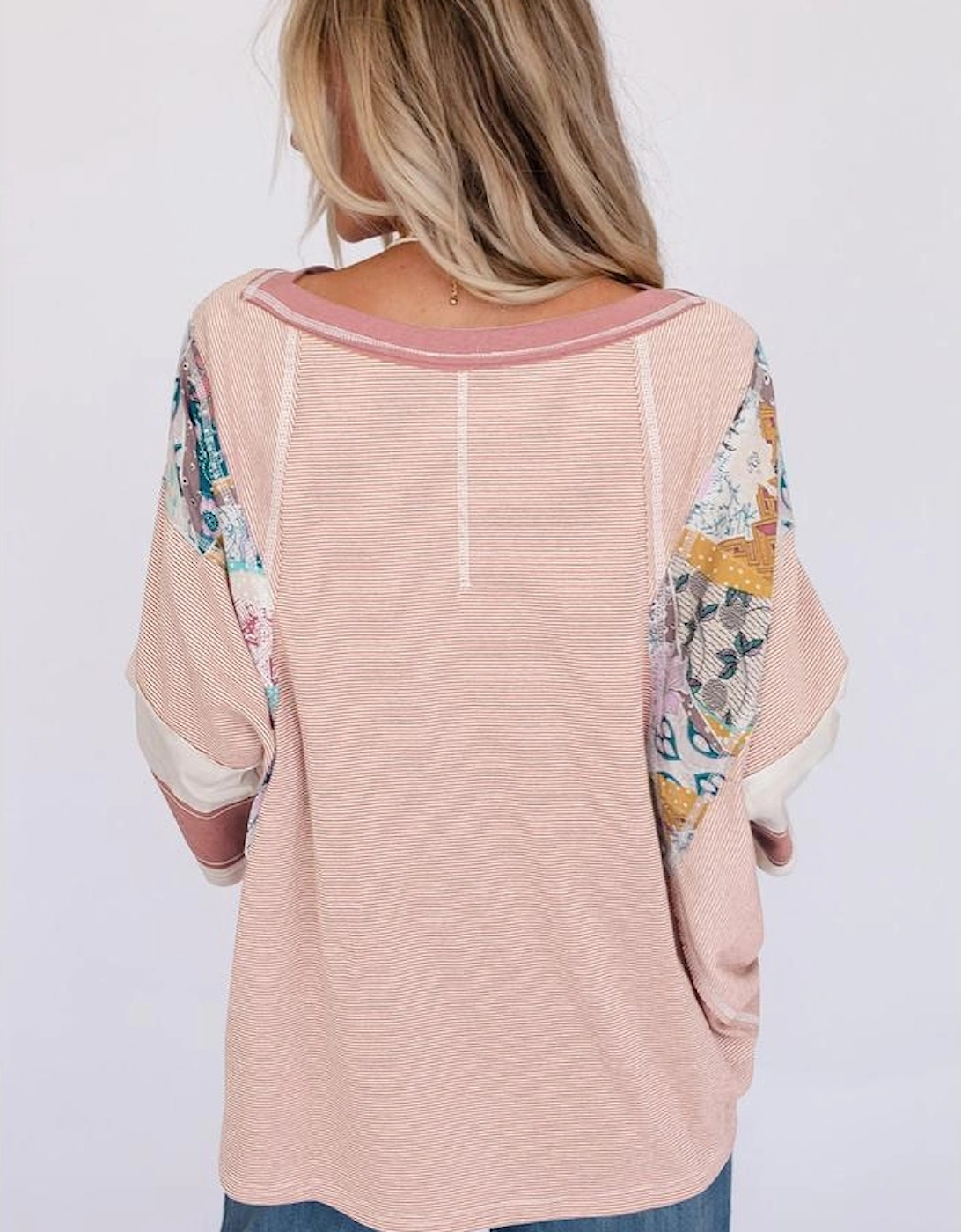 Pink Printed Pinstriped Color Block Patchwork Oversized Top