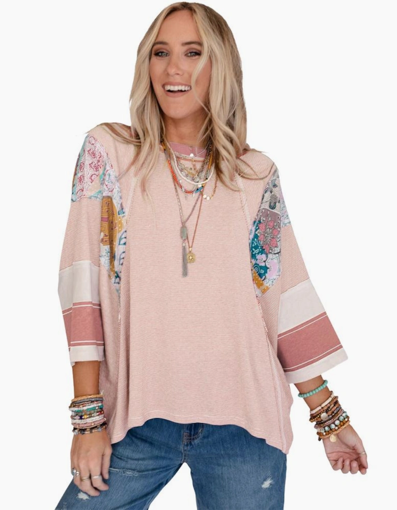 Pink Printed Pinstriped Color Block Patchwork Oversized Top