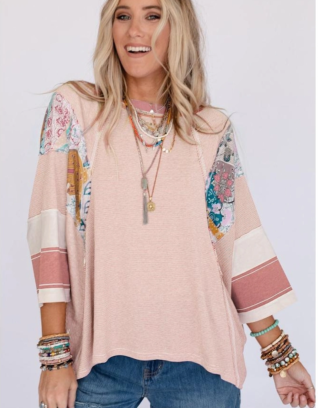 Pink Printed Pinstriped Color Block Patchwork Oversized Top