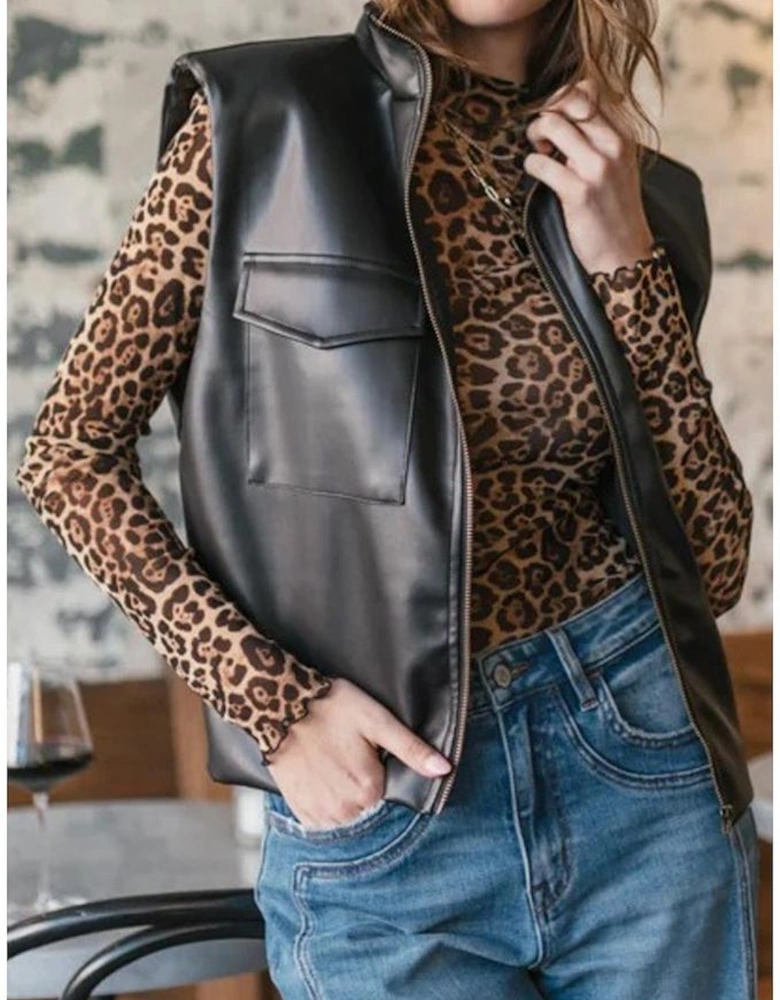 Black Double Flap Pocket Faux Leather Zip Up Stand Neck Vest