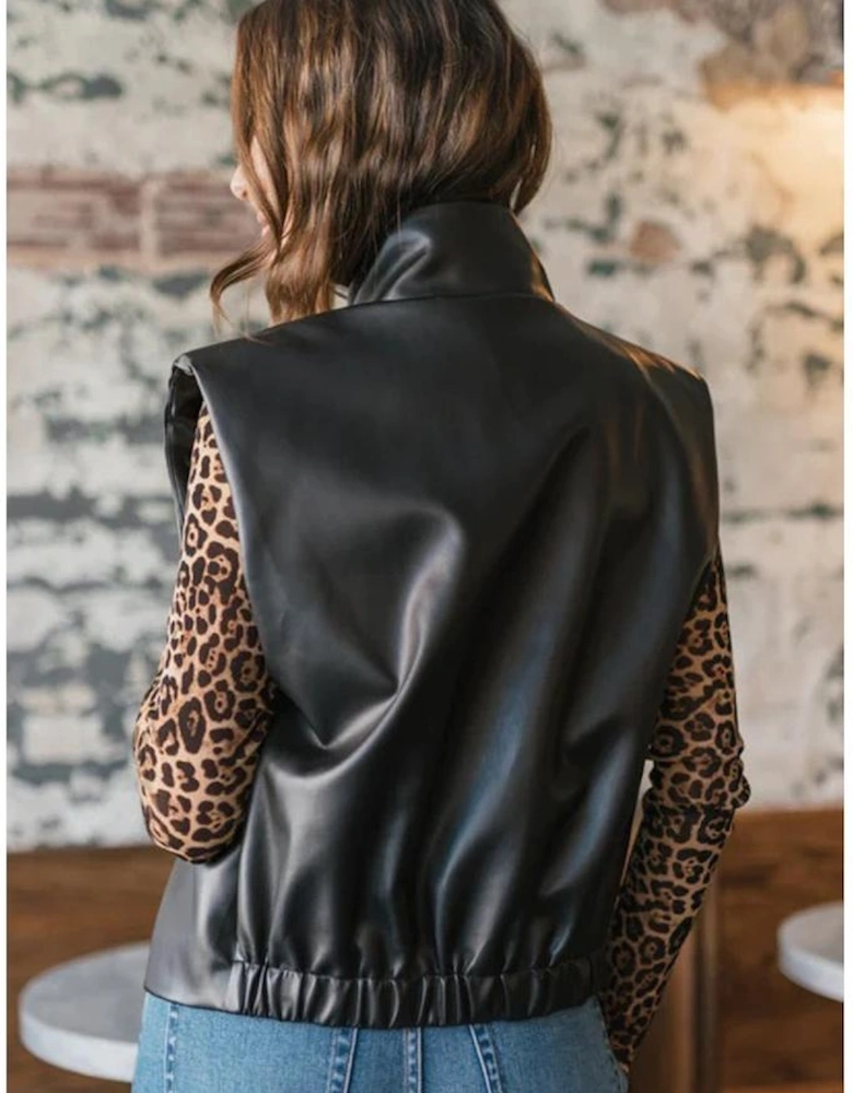 Black Double Flap Pocket Faux Leather Zip Up Stand Neck Vest