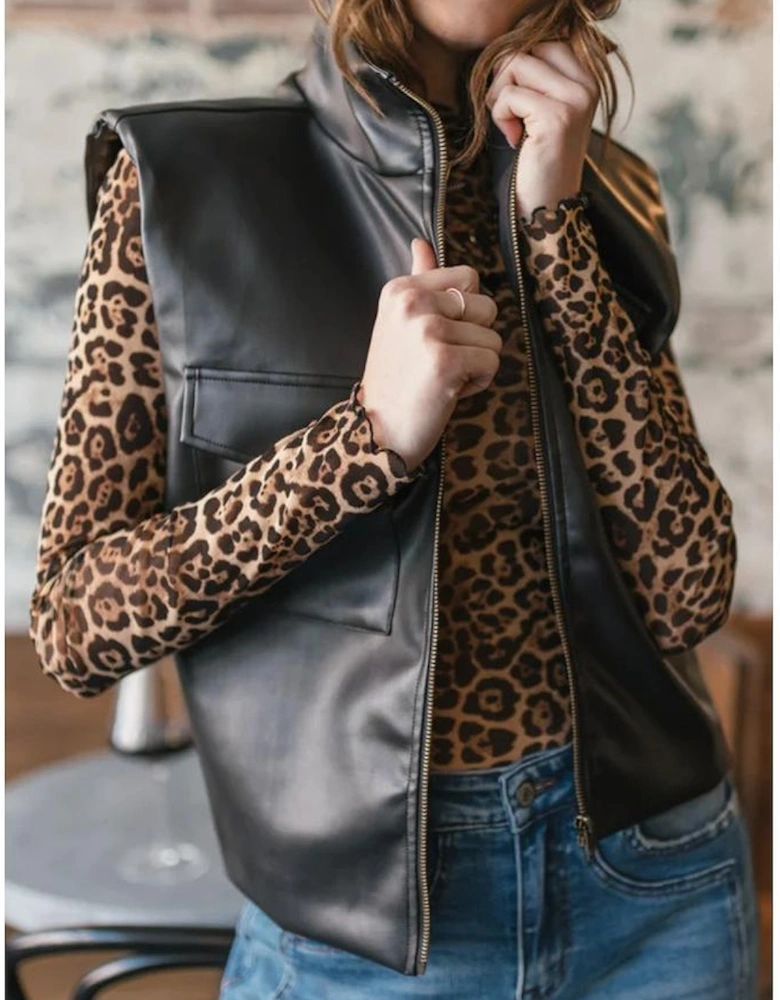 Black Double Flap Pocket Faux Leather Zip Up Stand Neck Vest