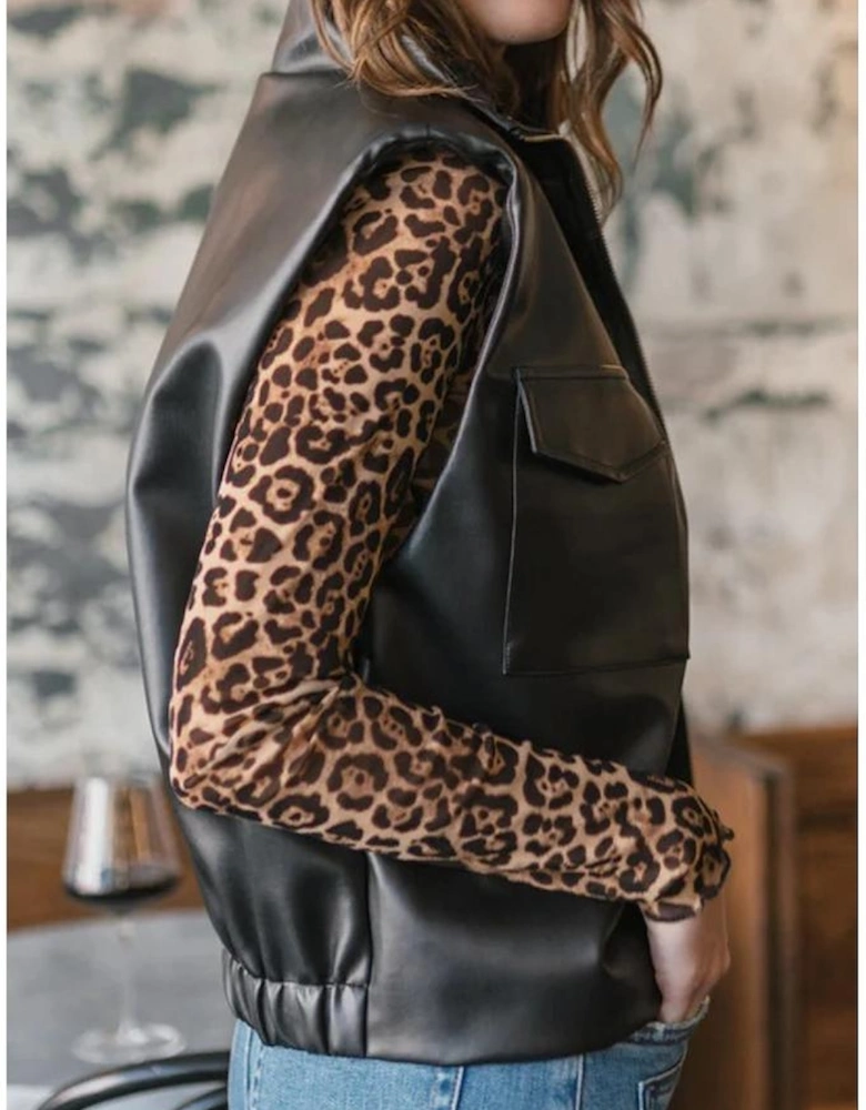 Black Double Flap Pocket Faux Leather Zip Up Stand Neck Vest