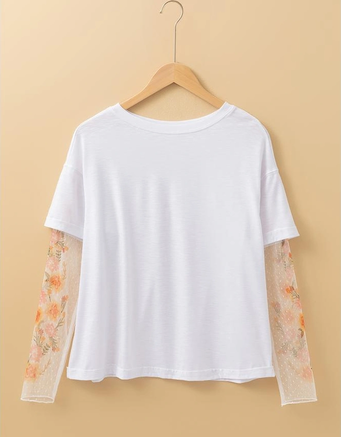 White Faux Two Piece Floral Long Sleeve Patchwork Tee, 7 of 6