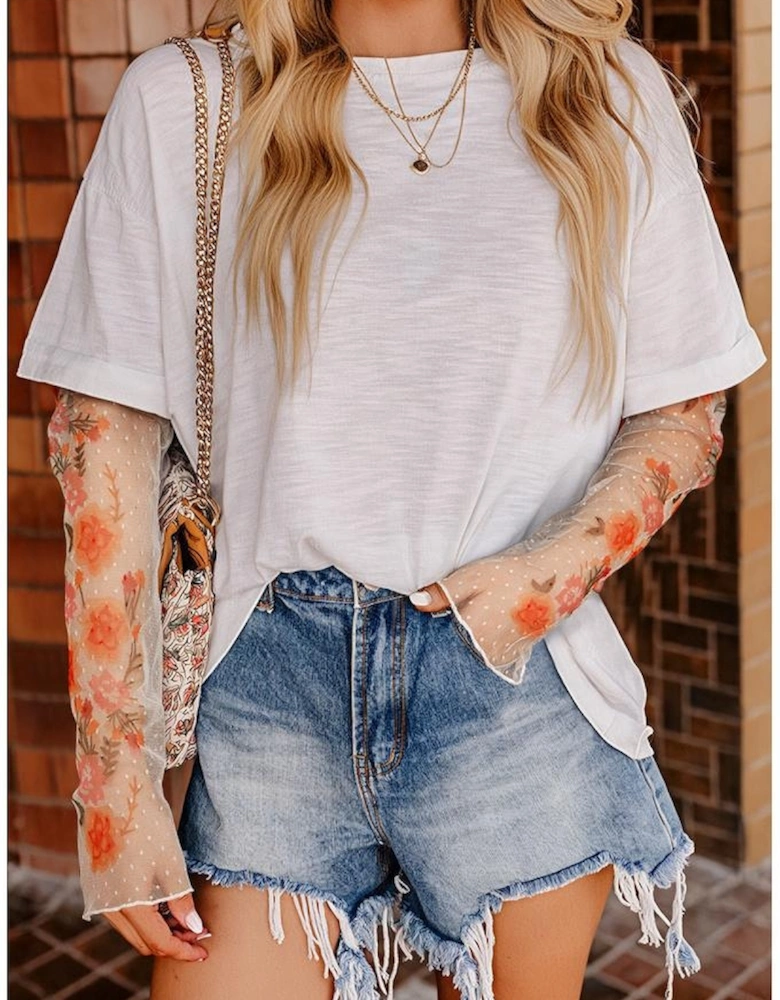 White Faux Two Piece Floral Long Sleeve Patchwork Tee