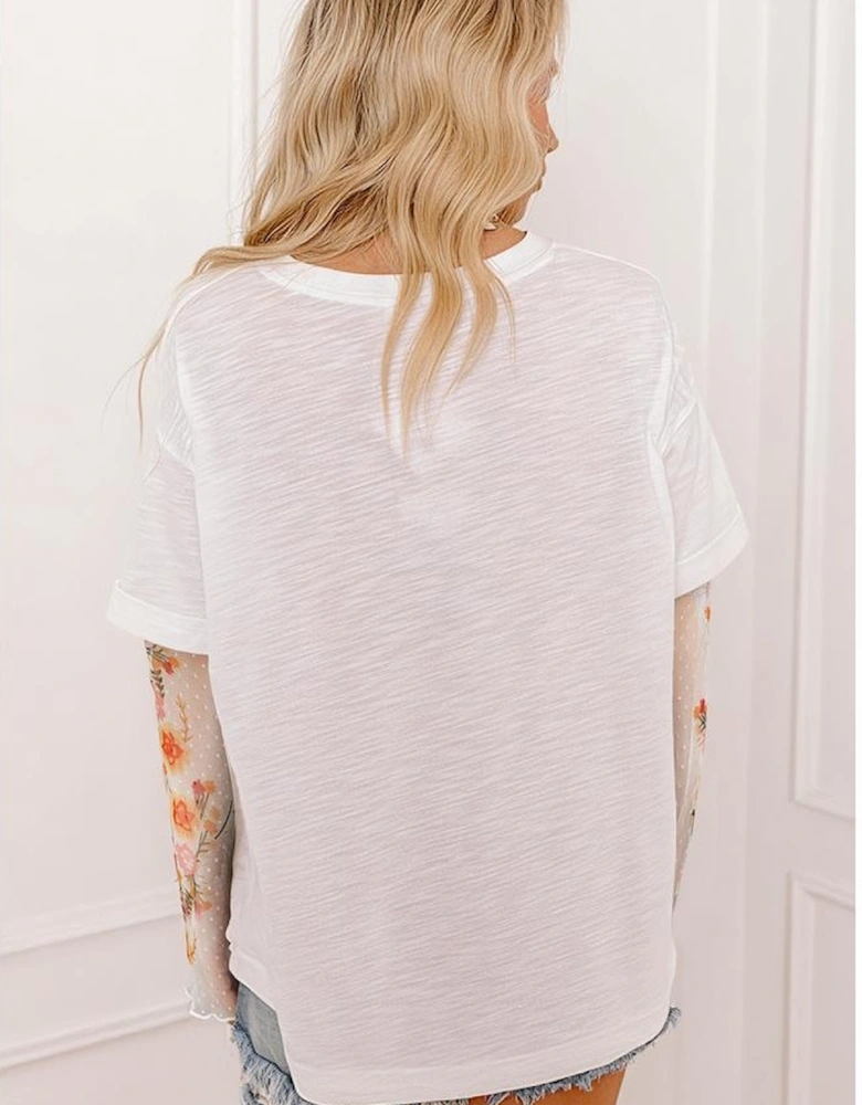 White Faux Two Piece Floral Long Sleeve Patchwork Tee