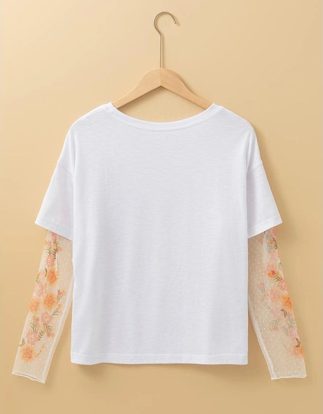 White Faux Two Piece Floral Long Sleeve Patchwork Tee
