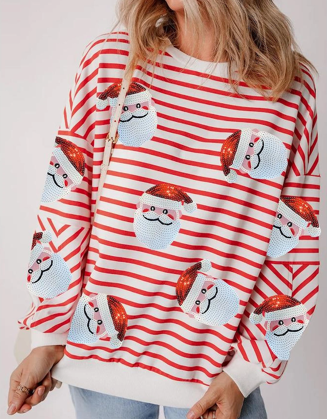 Orange Stripe Striped Sequin Santa Claus Pattern Christmas Pullover Sweatshirt