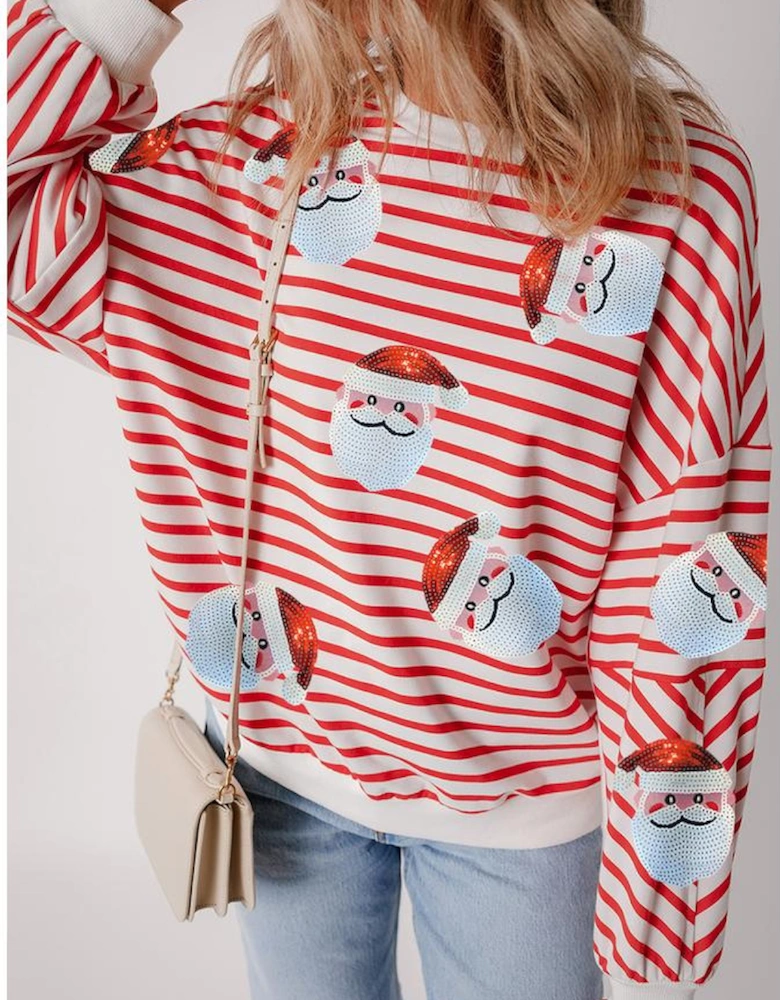 Orange Stripe Striped Sequin Santa Claus Pattern Christmas Pullover Sweatshirt