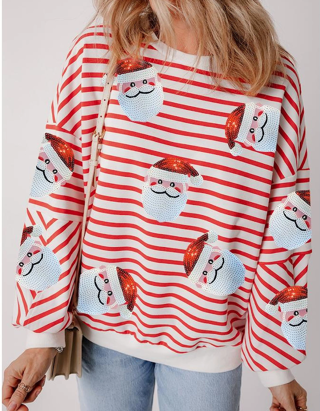 Orange Stripe Striped Sequin Santa Claus Pattern Christmas Pullover Sweatshirt