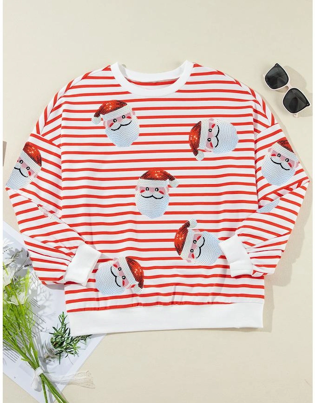 Orange Stripe Striped Sequin Santa Claus Pattern Christmas Pullover Sweatshirt