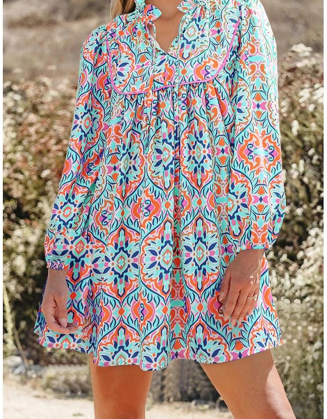 Sky Blue Abstract Printed Long Sleeve Tied Neckline Mini Dress