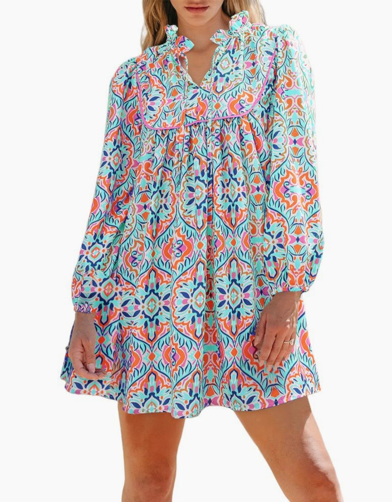 Sky Blue Abstract Printed Long Sleeve Tied Neckline Mini Dress