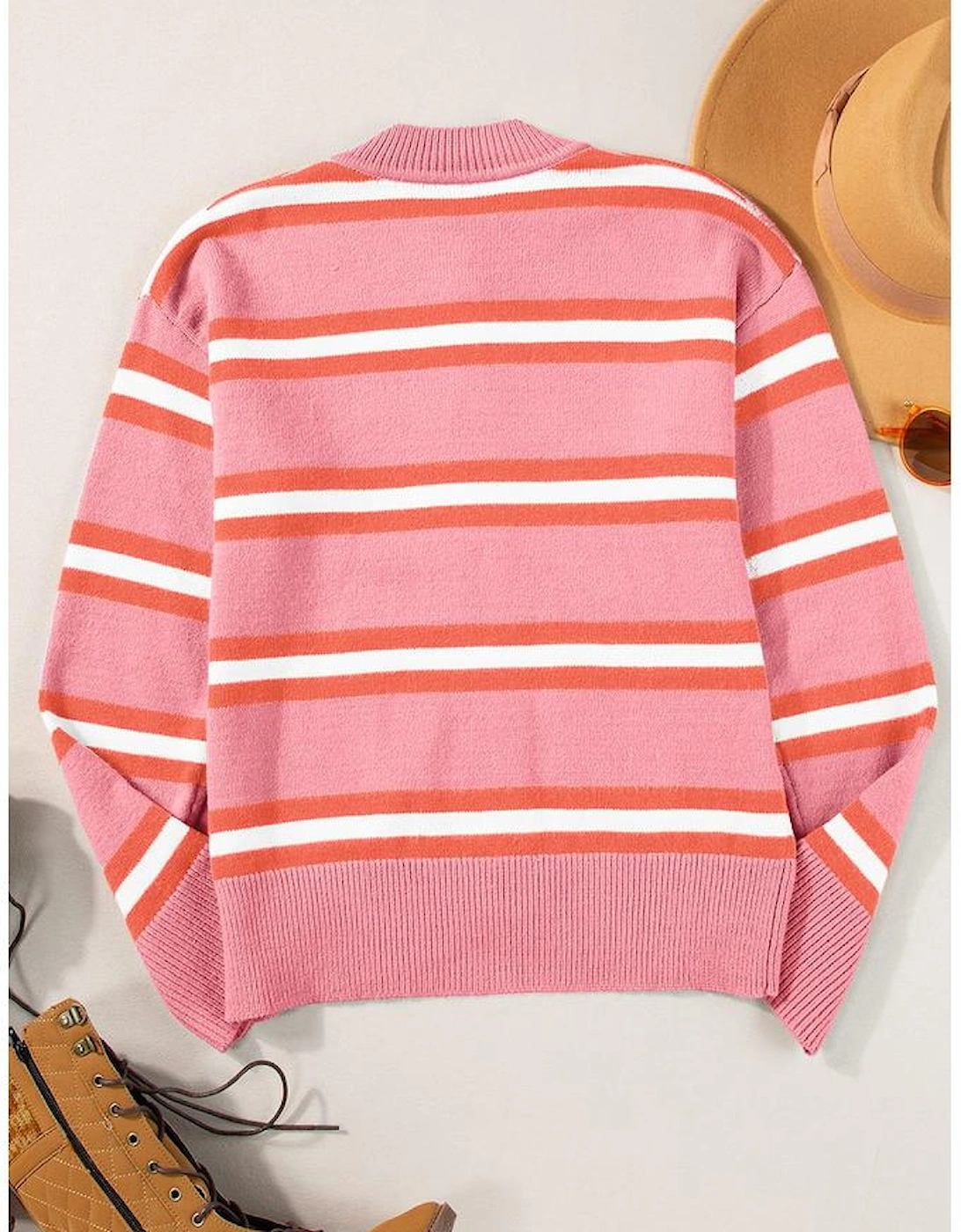 Pink Stripe Drop Shoulder Buttons Cardigan Sweater