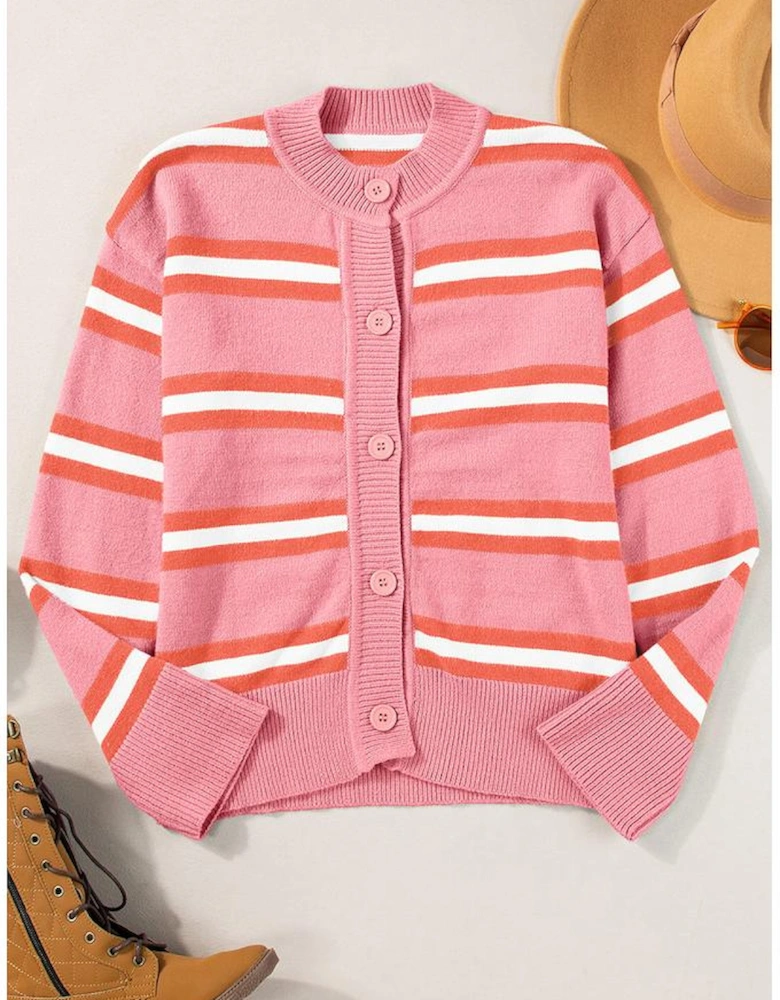 Pink Stripe Drop Shoulder Buttons Cardigan Sweater