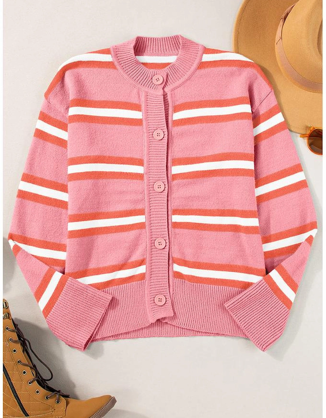Pink Stripe Drop Shoulder Buttons Cardigan Sweater