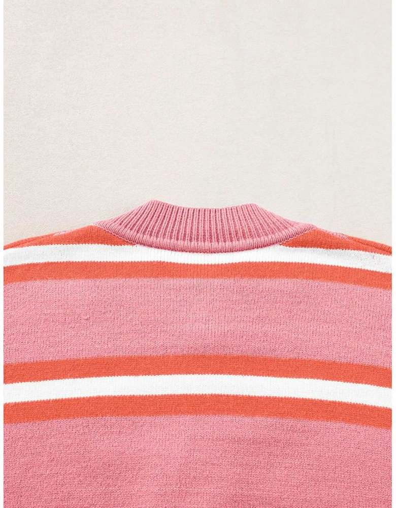 Pink Stripe Drop Shoulder Buttons Cardigan Sweater