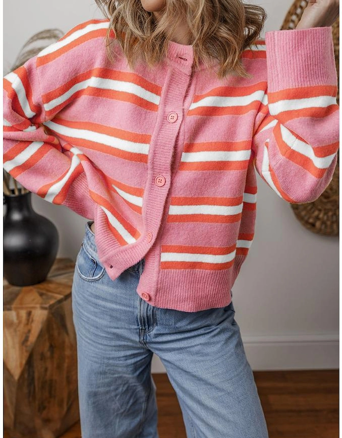 Pink Stripe Drop Shoulder Buttons Cardigan Sweater