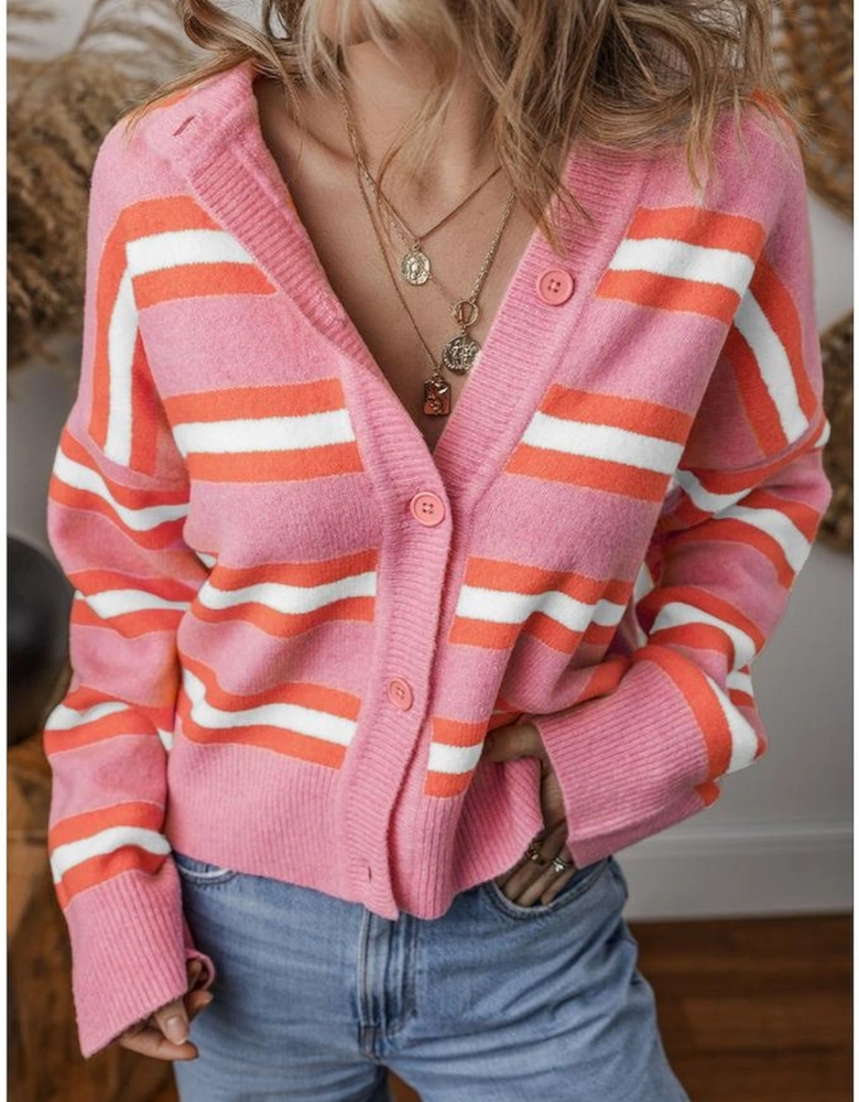 Pink Stripe Drop Shoulder Buttons Cardigan Sweater