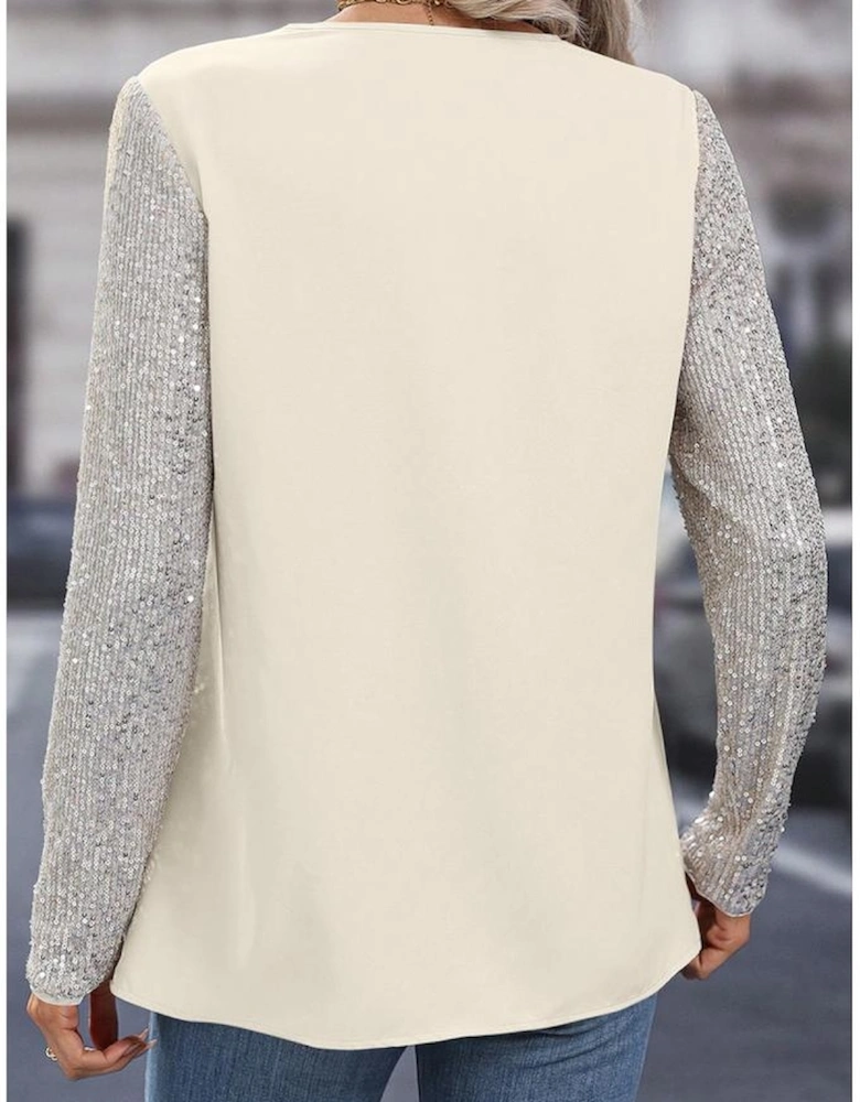 Azura Exchange White Sequined Sleeves Patchwork V Neck Blouse