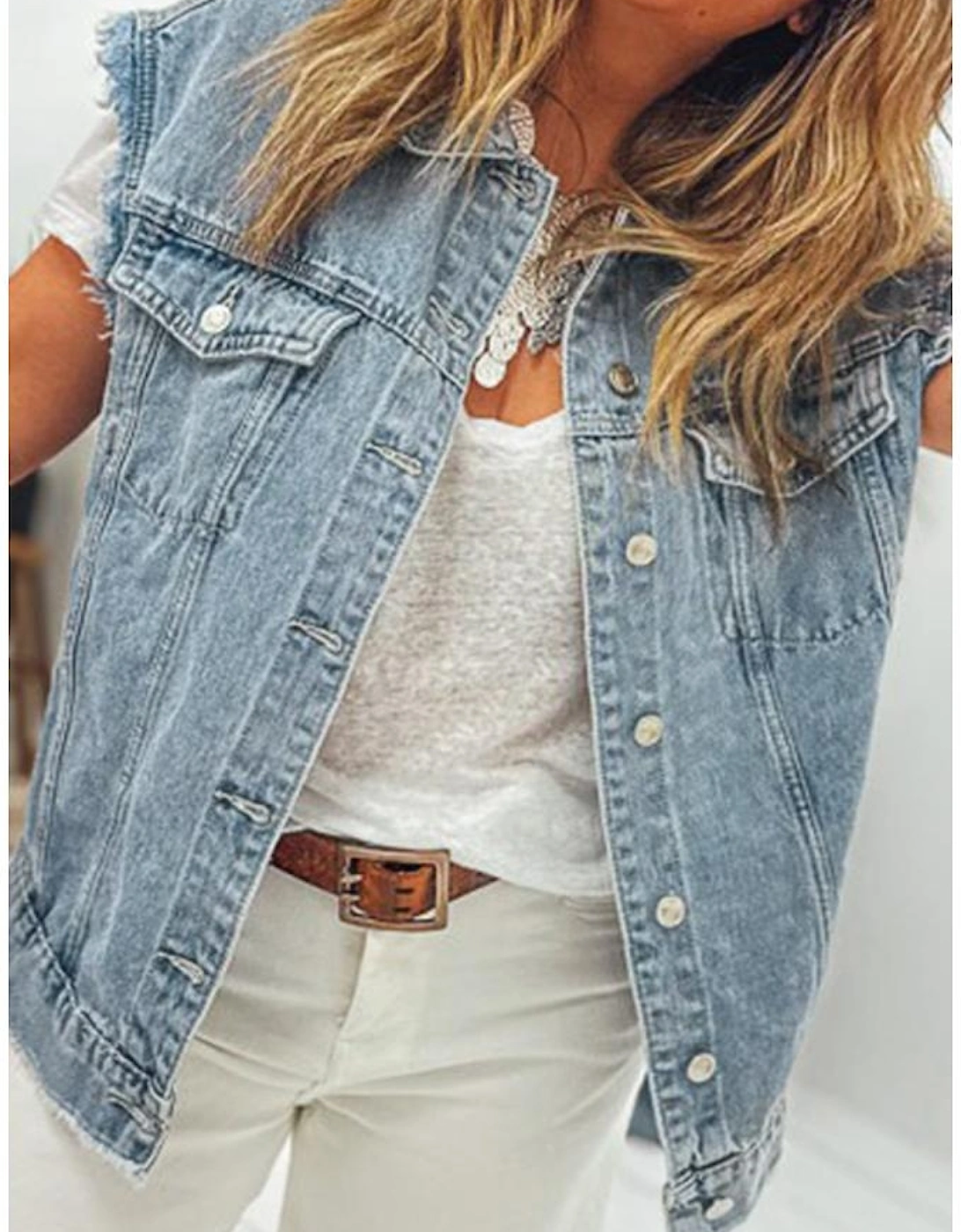 Myosotis Button Flap Pocket Frayed Detail Denim Vest