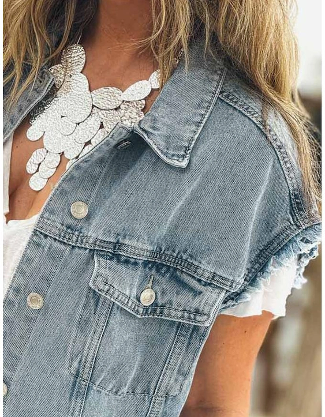 Myosotis Button Flap Pocket Frayed Detail Denim Vest