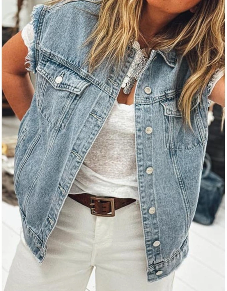 Myosotis Button Flap Pocket Frayed Detail Denim Vest