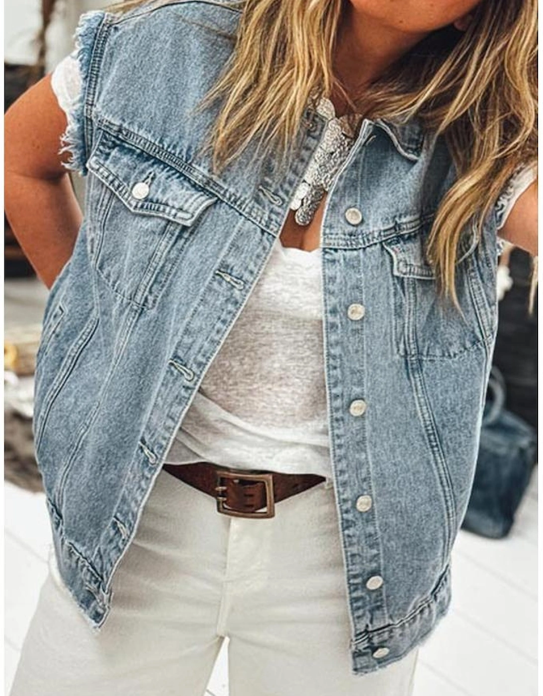 Myosotis Button Flap Pocket Frayed Detail Denim Vest