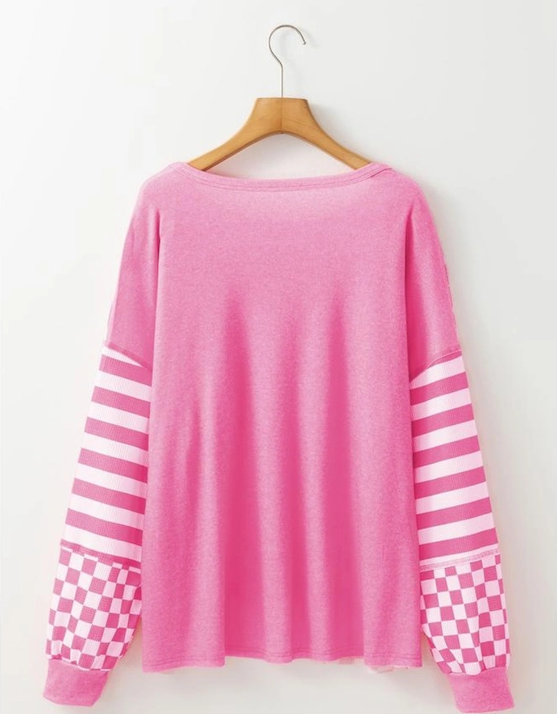 Rose Red Checkerboard Striped Patchwork Lantern Sleeve Pocketed Blouse