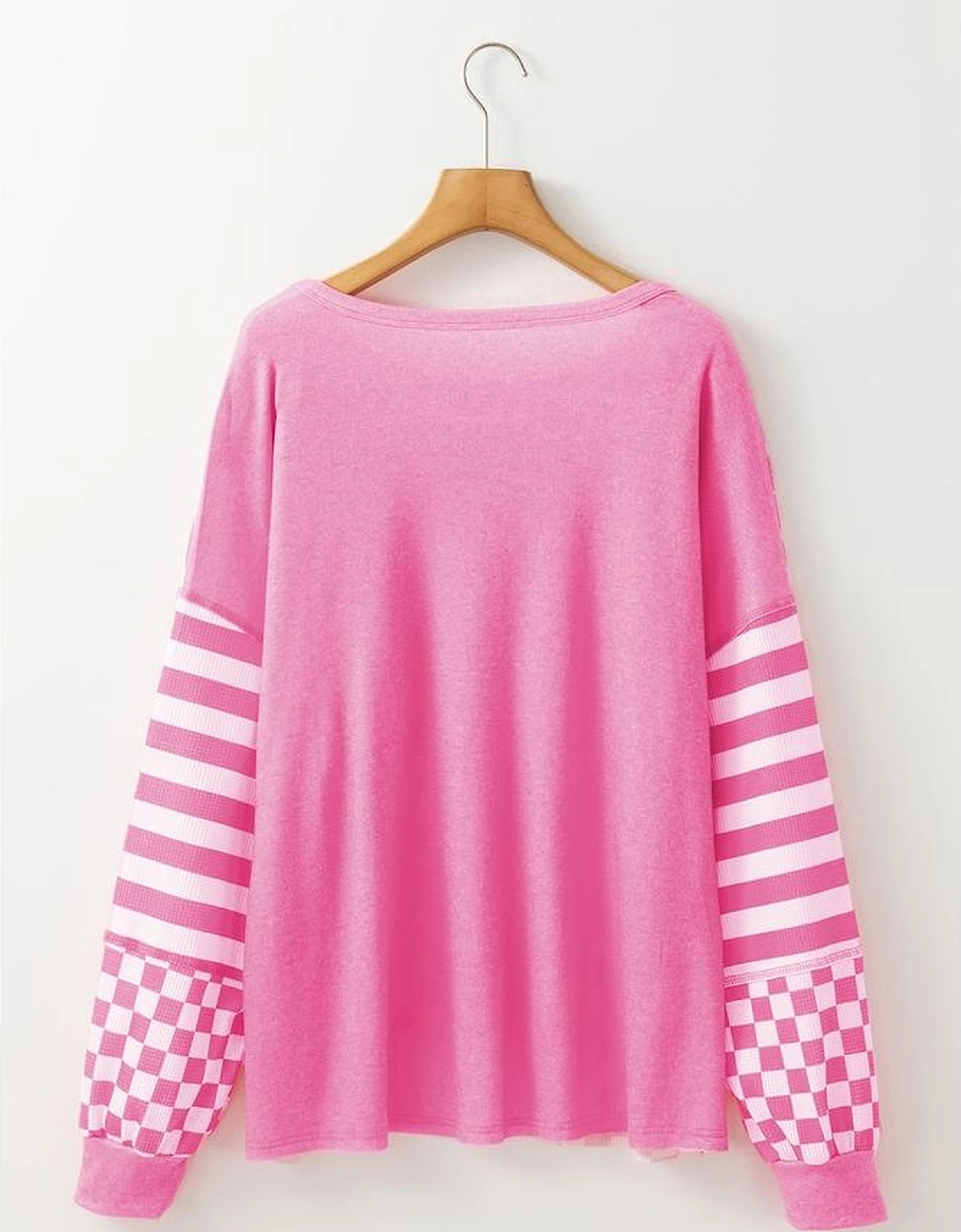 Rose Red Checkerboard Striped Patchwork Lantern Sleeve Pocketed Blouse