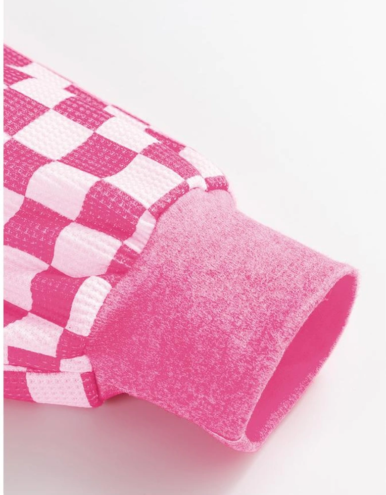 Rose Red Checkerboard Striped Patchwork Lantern Sleeve Pocketed Blouse