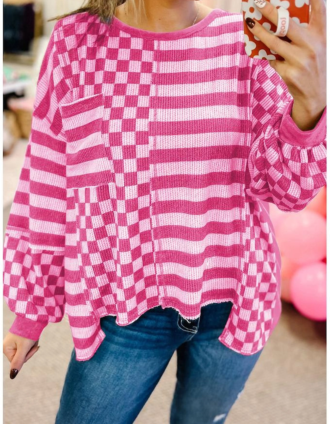 Rose Red Checkerboard Striped Patchwork Lantern Sleeve Pocketed Blouse, 10 of 9