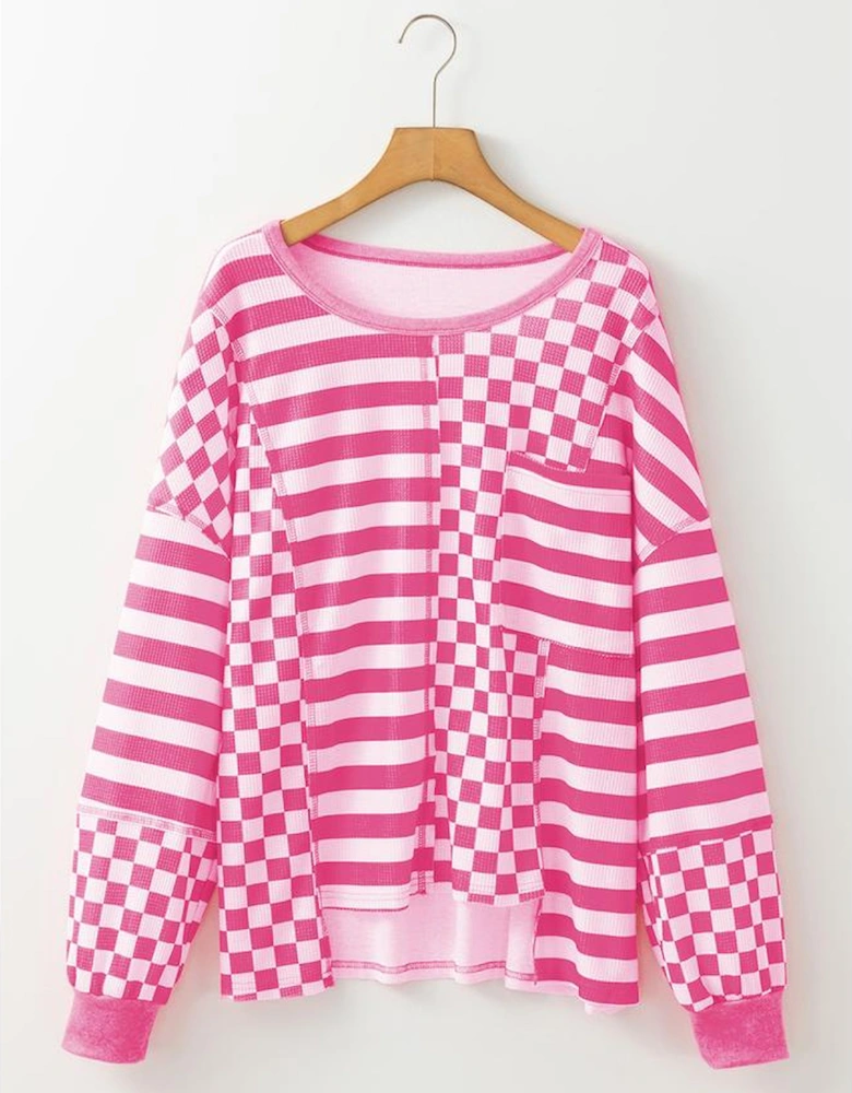 Rose Red Checkerboard Striped Patchwork Lantern Sleeve Pocketed Blouse