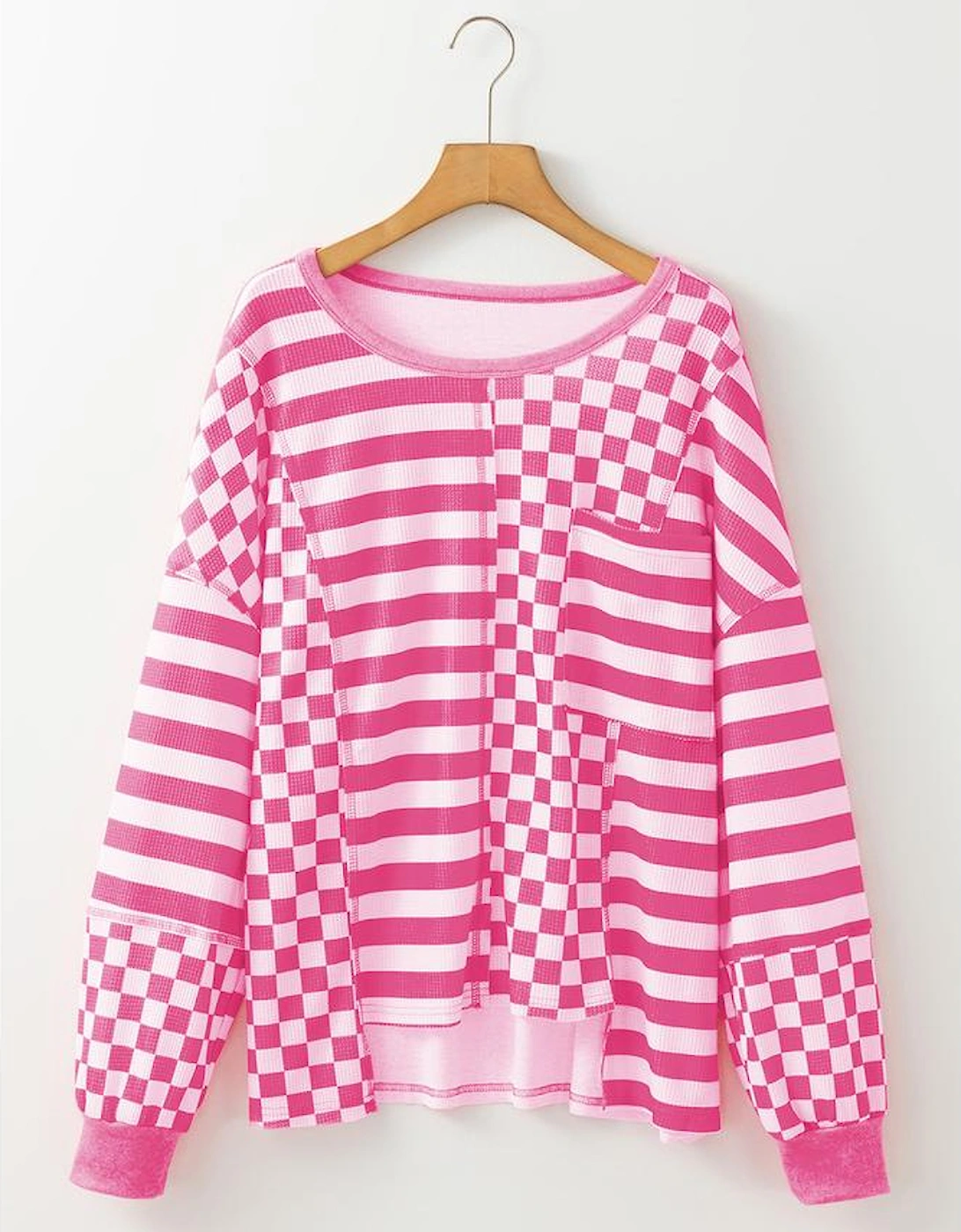 Rose Red Checkerboard Striped Patchwork Lantern Sleeve Pocketed Blouse