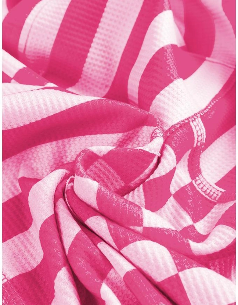 Rose Red Checkerboard Striped Patchwork Lantern Sleeve Pocketed Blouse