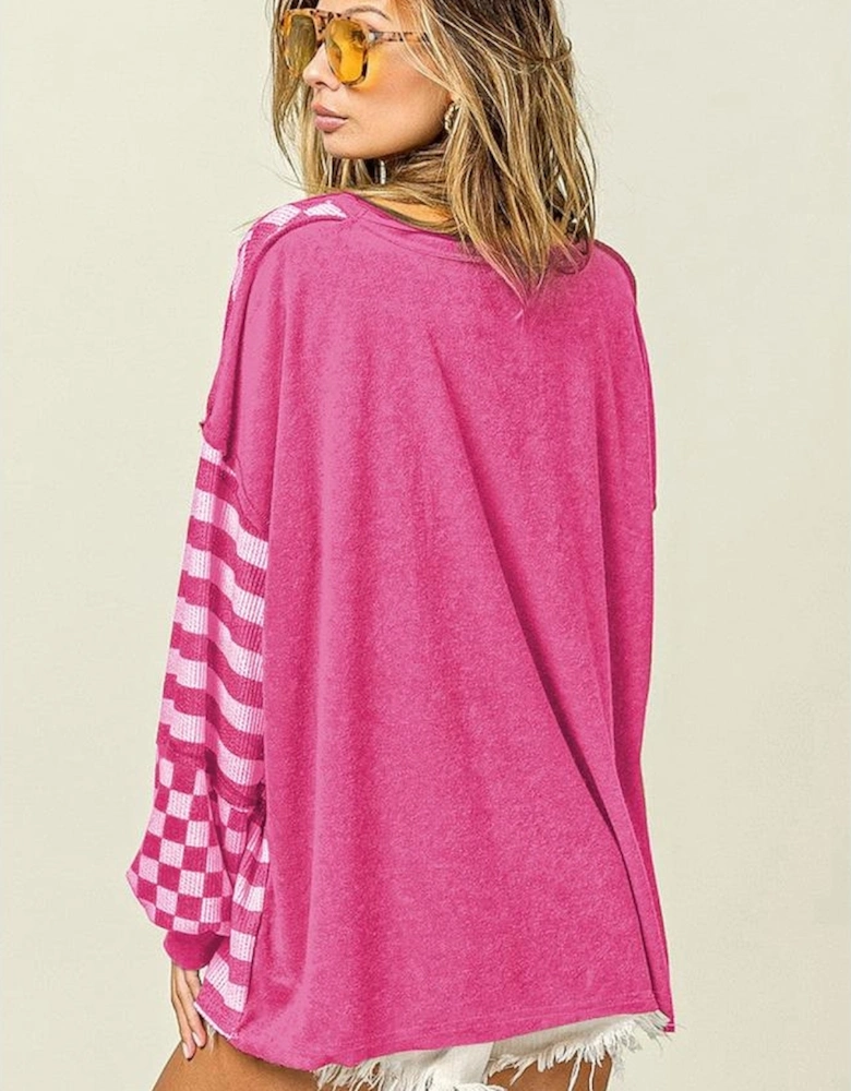 Rose Red Checkerboard Striped Patchwork Lantern Sleeve Pocketed Blouse