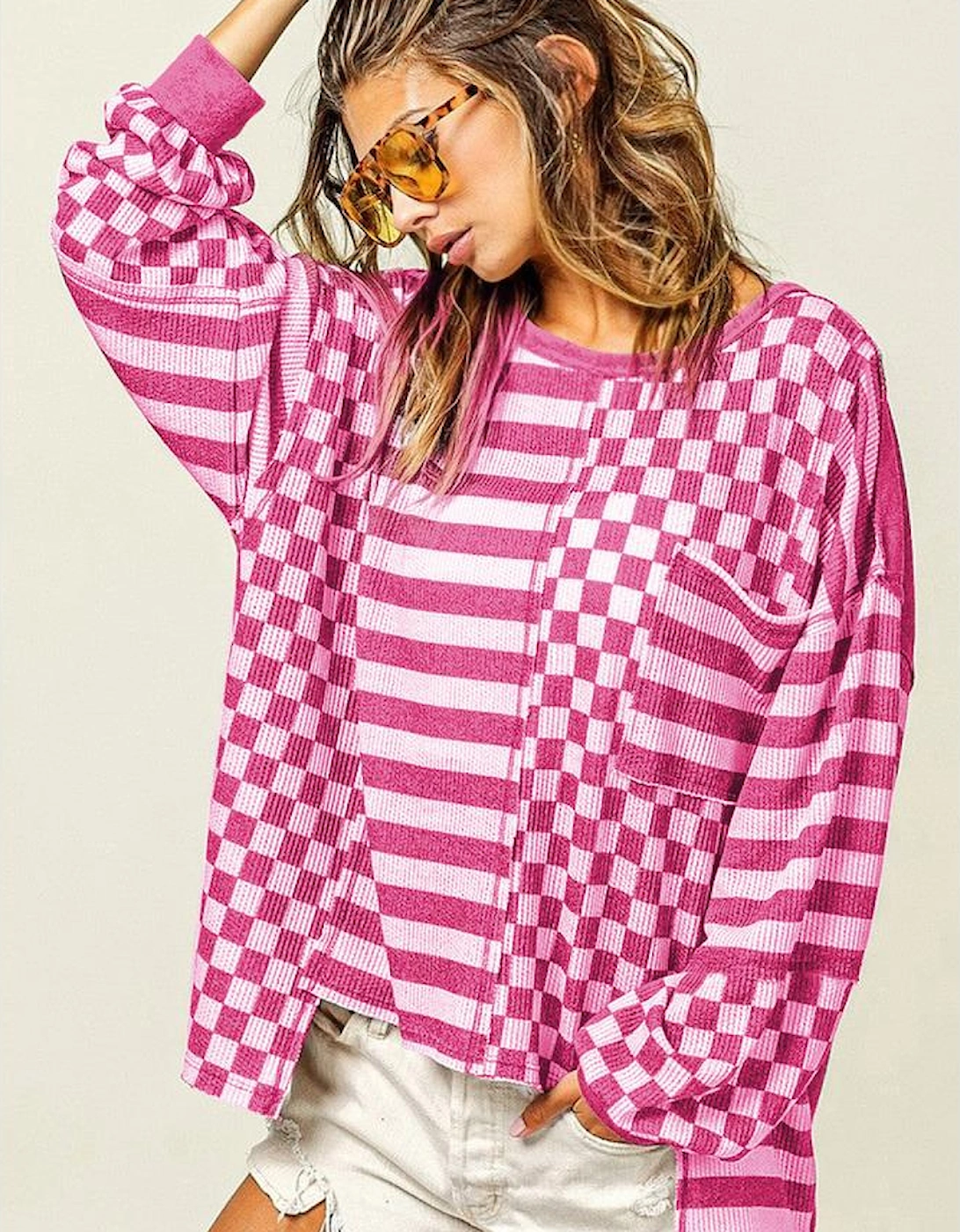 Rose Red Checkerboard Striped Patchwork Lantern Sleeve Pocketed Blouse