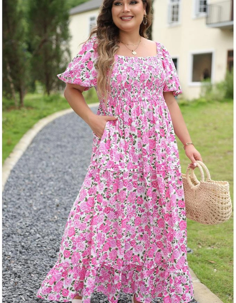 Pink Plus Size Floral Print Smocked Puff Sleeve Dress