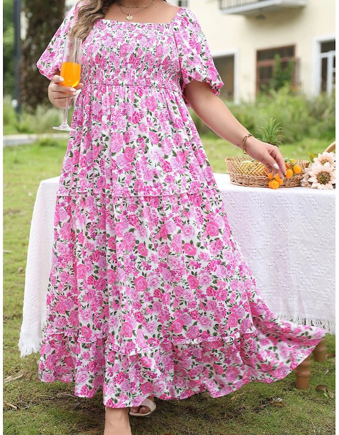 Pink Plus Size Floral Print Smocked Puff Sleeve Dress