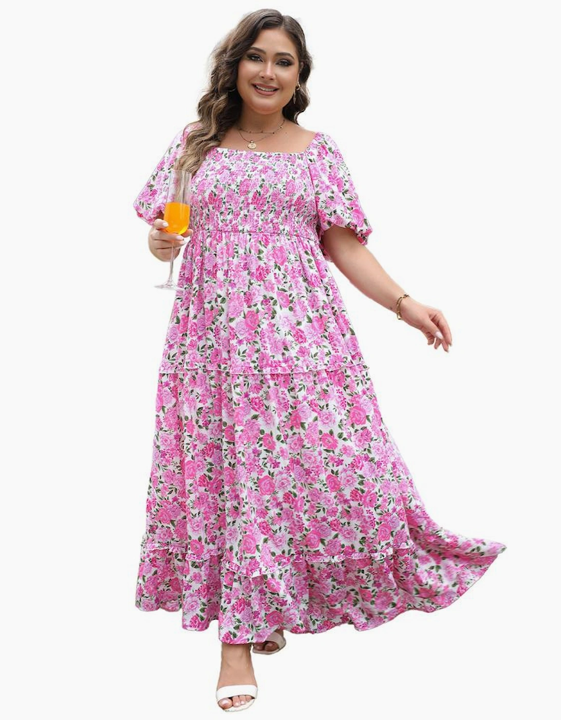Pink Plus Size Floral Print Smocked Puff Sleeve Dress