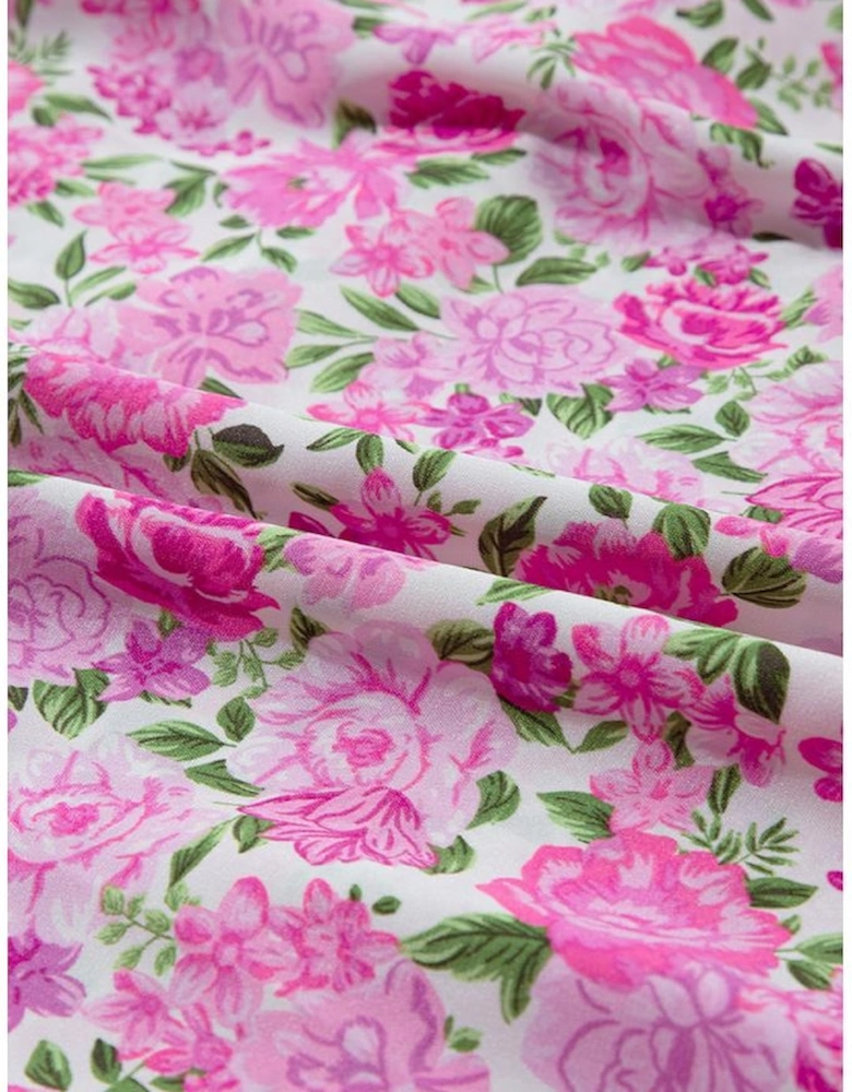 Pink Plus Size Floral Print Smocked Puff Sleeve Dress