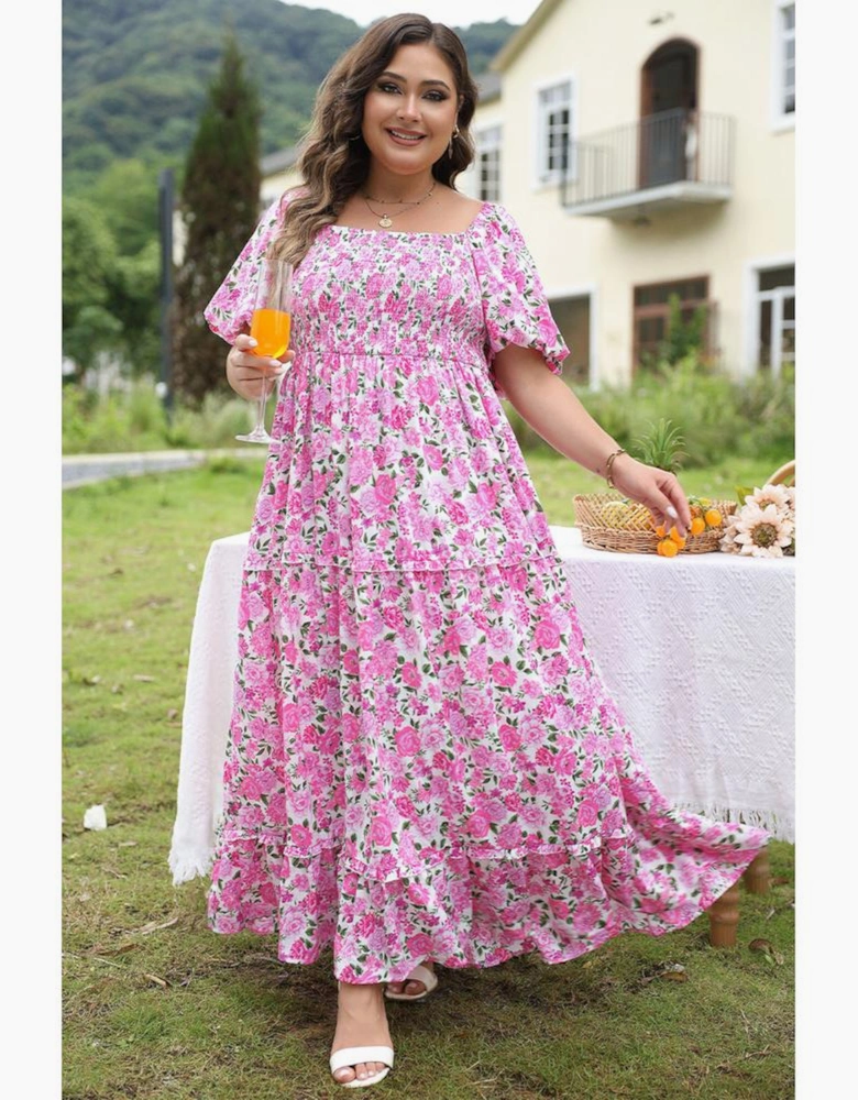 Pink Plus Size Floral Print Smocked Puff Sleeve Dress