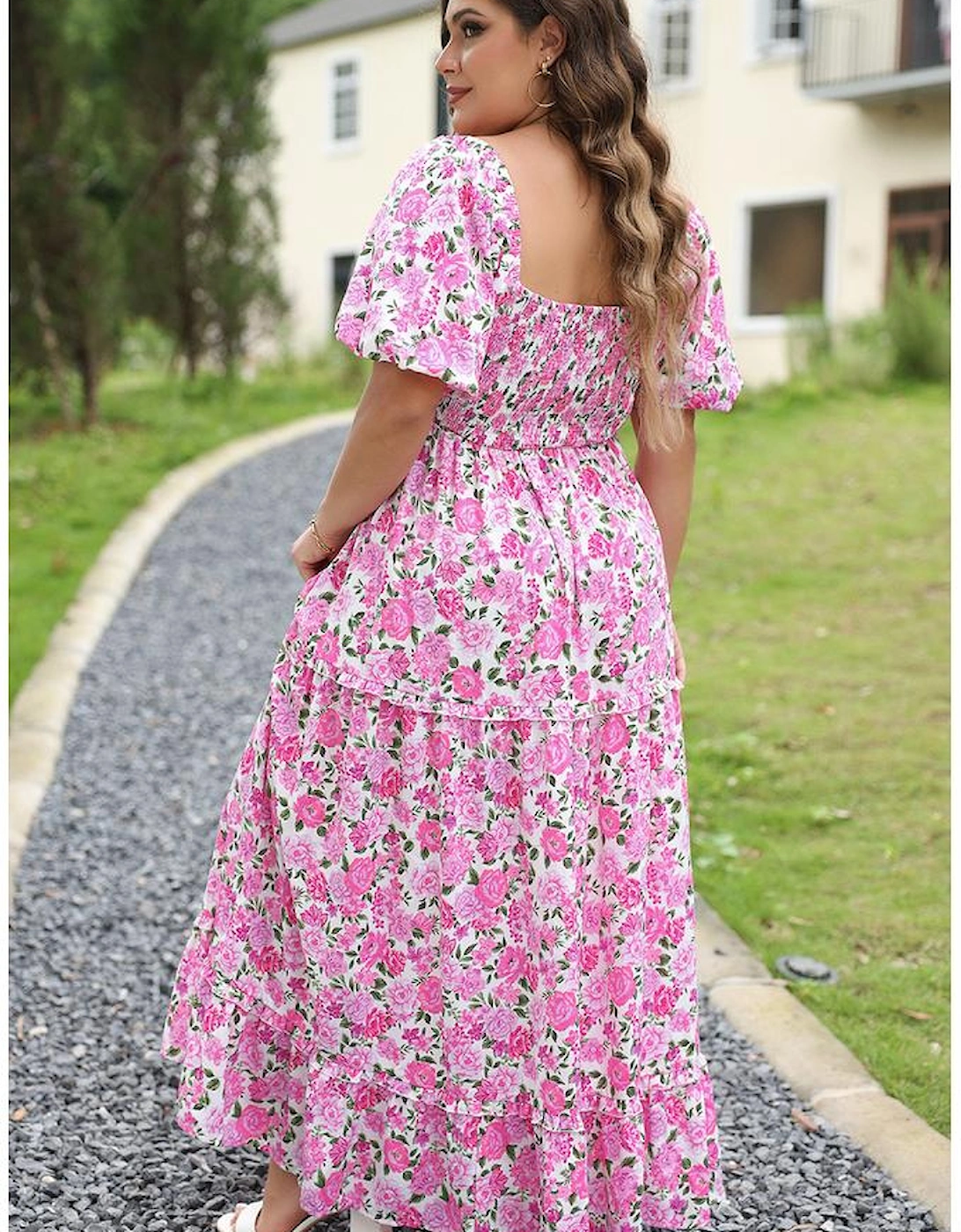 Pink Plus Size Floral Print Smocked Puff Sleeve Dress