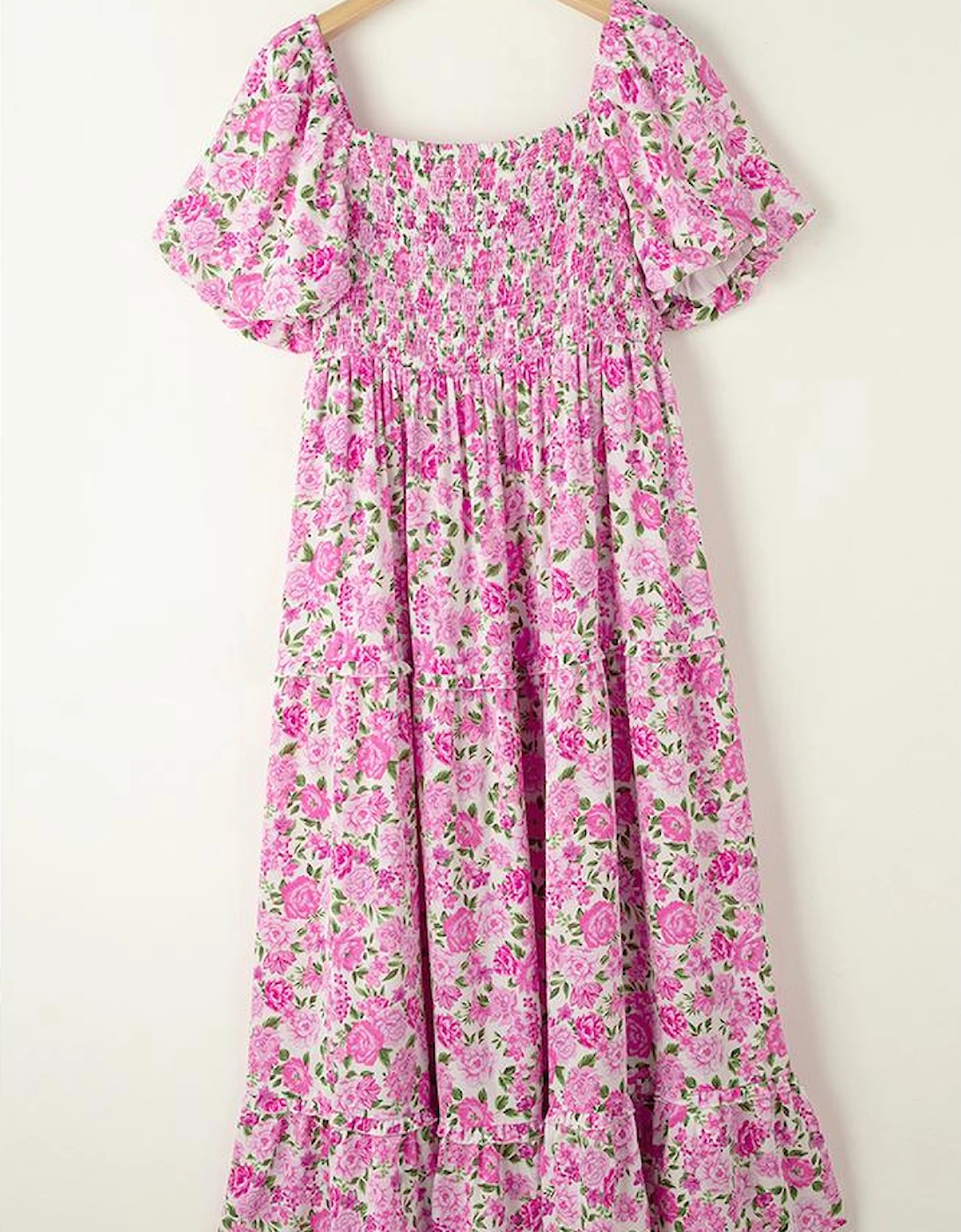 Pink Plus Size Floral Print Smocked Puff Sleeve Dress