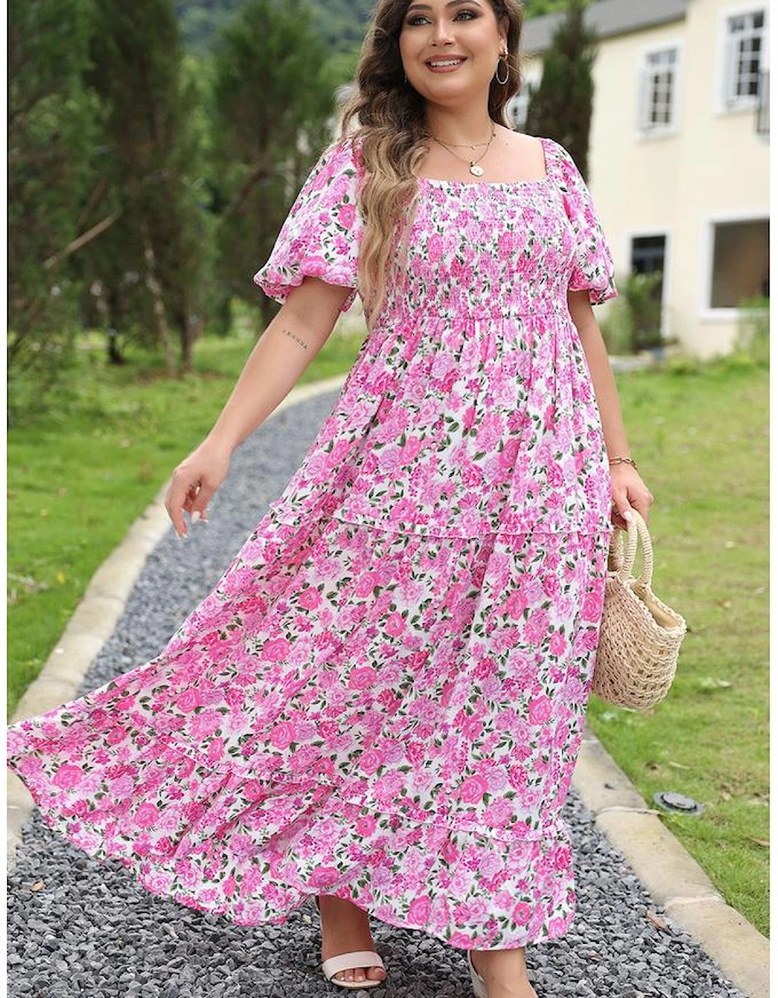 Pink Plus Size Floral Print Smocked Puff Sleeve Dress